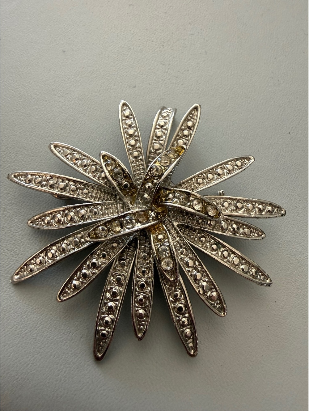 Vintage Silver Tone Rhinestone Flower Brooch Pin